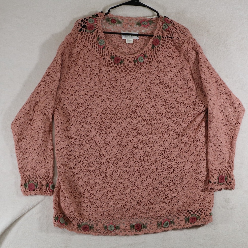Celina Yang Womens 24W Plus Size Silk Crochet Sweater Pink Floral Roses